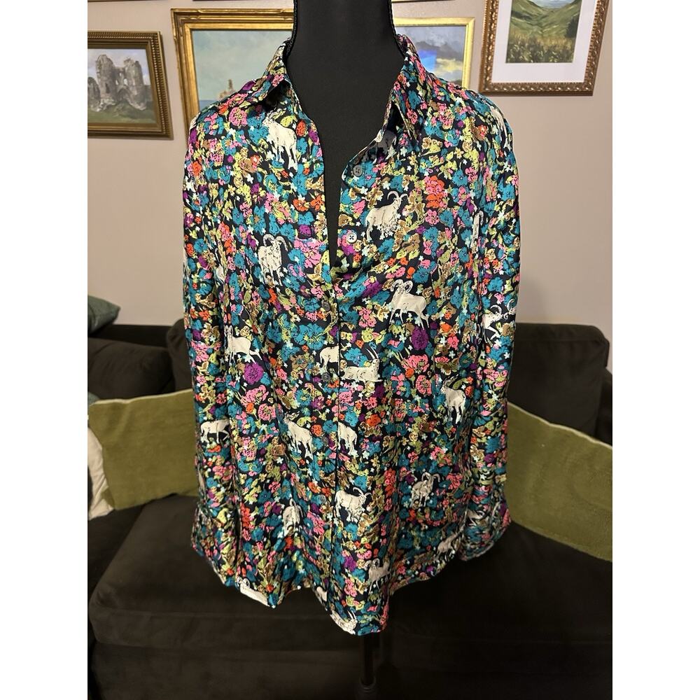 J.Crew Collection Silk Shirt in Grazing Goats Print Button Down Top 8 Whimsical